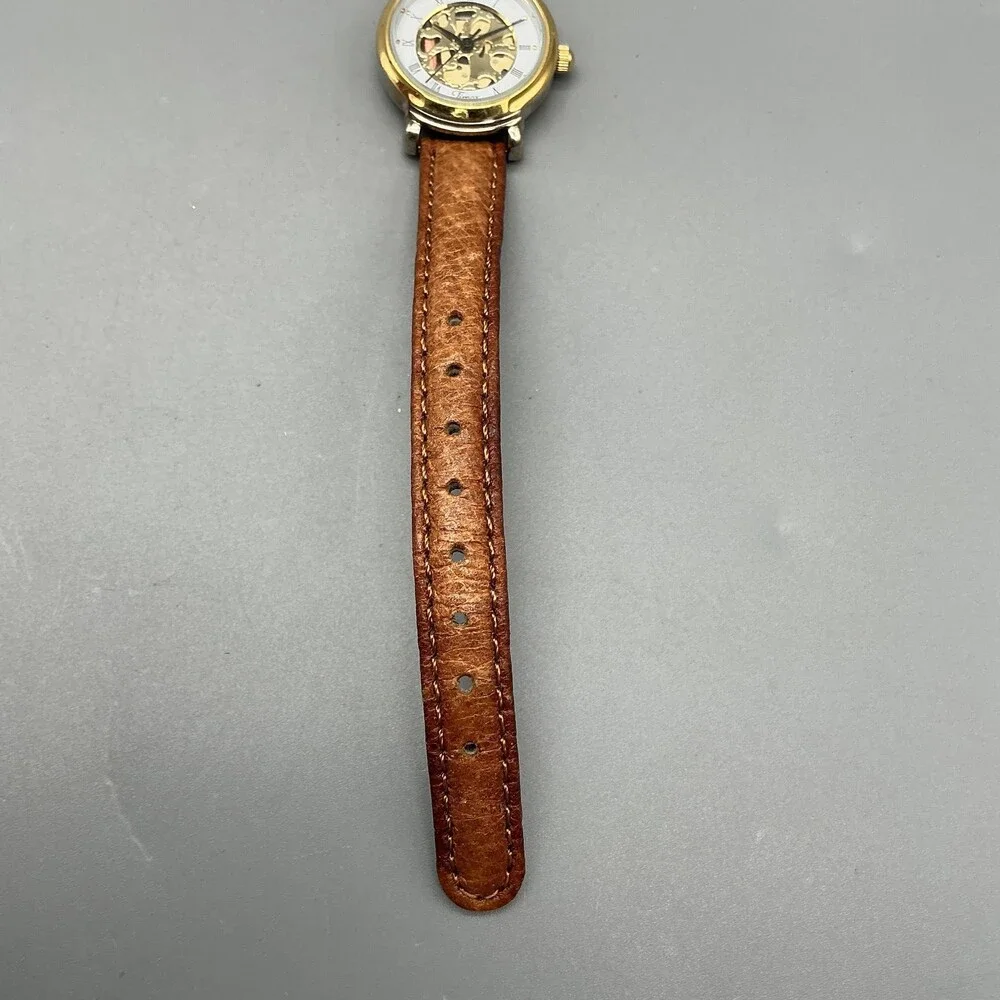 Vintage Timex Womens Watch 24mm Gold White Skeleton Brown Leather New Battery
